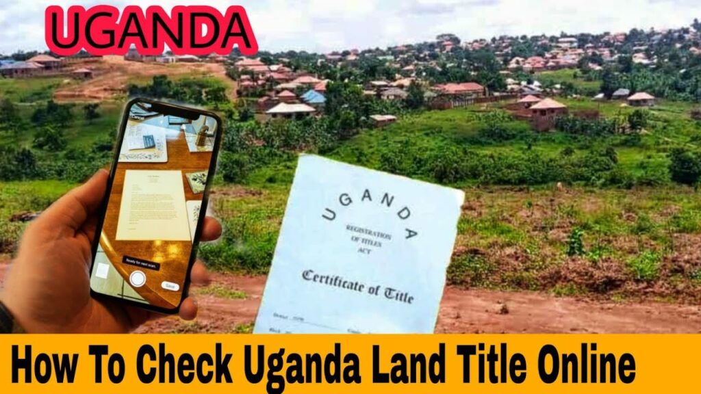 A professional land surveyor reviewing a certified Ugandan land title document with a cadastral map in the background
